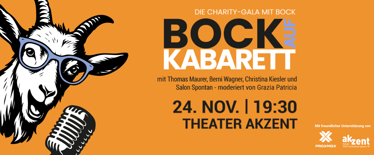 Grafik lachender Bock am Mikro mit Logo und Infos zum Bock auf Kabarett